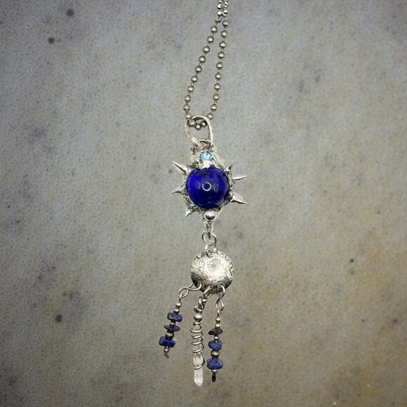 Artisan-Crafted Flail Pendant W/ Vintage Cobalt Glass Marble Quartz Lapis Lazuli - Picture 11 of 15